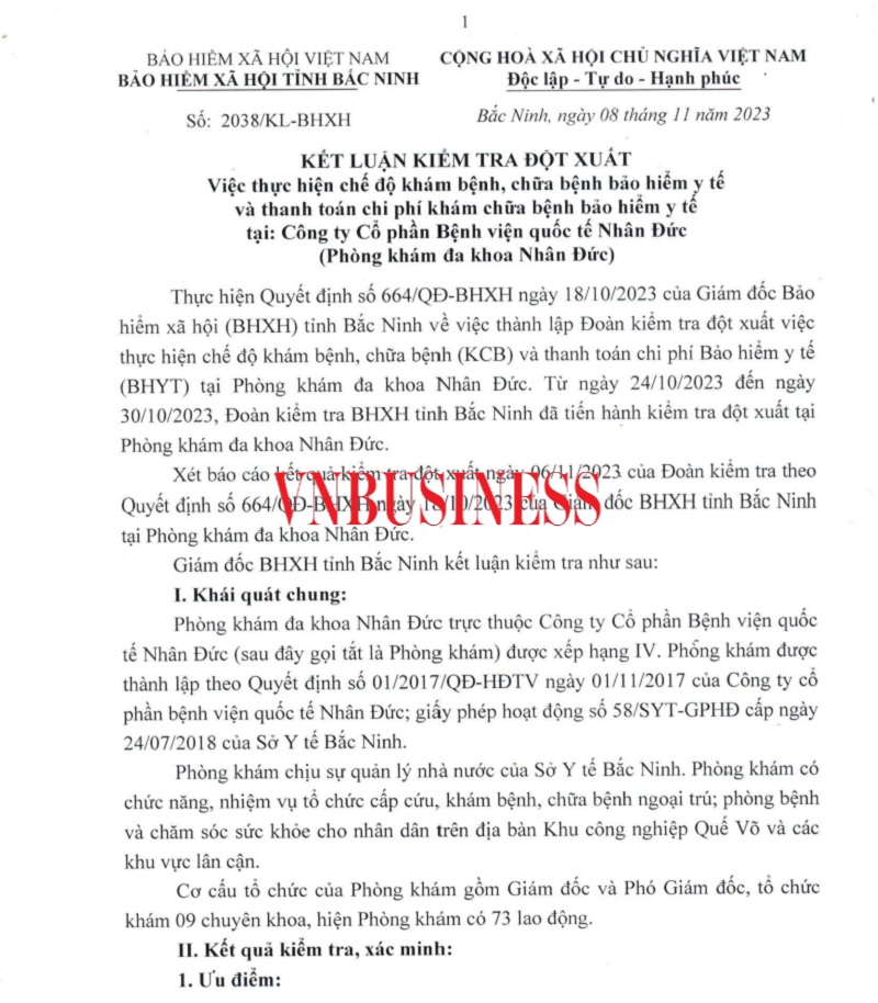 Kết luận kiểm tra đột xuất của BHXH tỉnh Bắc Ninh.