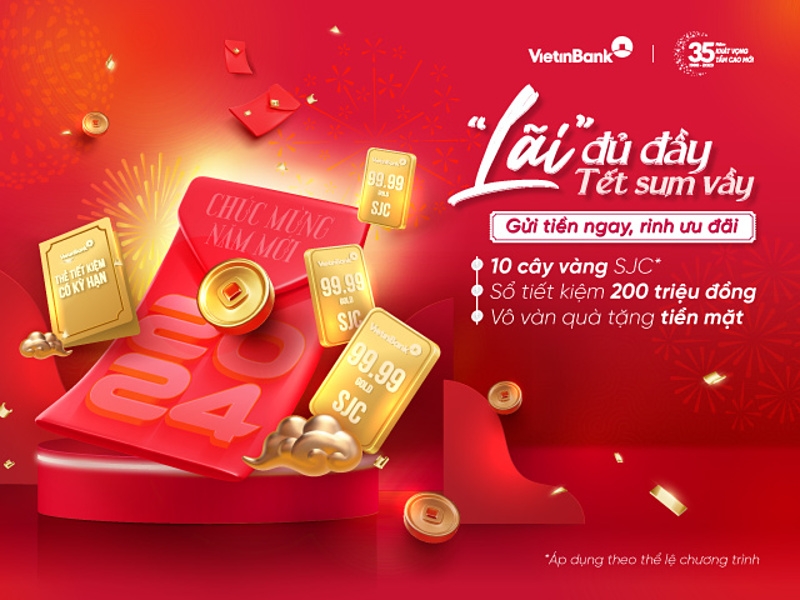 Từ 1/12/2023, khi gửi tiền tại VietinBank, khách hàng không chỉ được nhận quà tặng bằng tiền ngay tại thời điểm giao dịch mà còn có cơ hội sở hữu giải thưởng lên tới 10 cây vàng SJC.