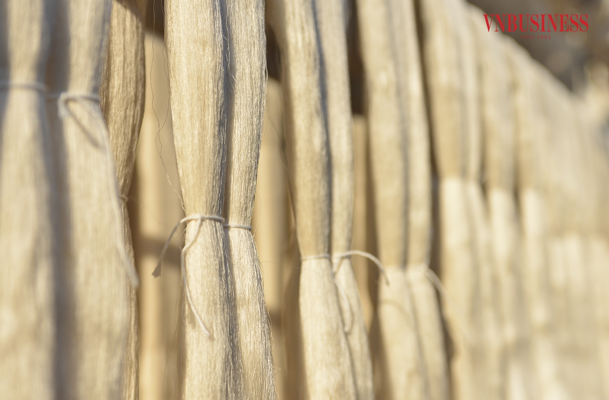 Trên những khoảng sân ngập nắng, những bó tơ mềm mại, suôn đều, óng ả phơi trên những sào tre.