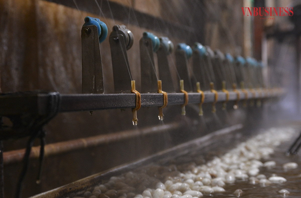 Hơi nước bốc khói nghi ngút, từng sợi tơ thi nhau nhả ra. Sợi tơ chui qua một lỗ nhỏ rồi cuốn mình vào guồng đang quay tít.