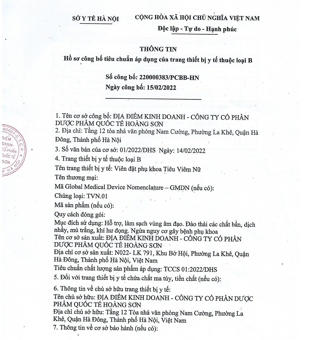 Hồ sơ công bố tiêu chuẩn áp dụng của trang thiết bị Y tế thuộc loại B của sản phẩm Tiêu Viêm Nữ.