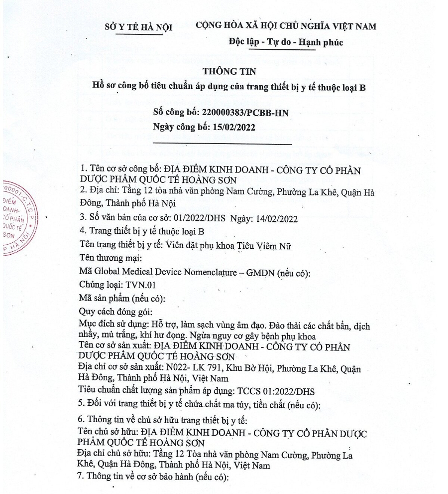 Hồ sơ công bố tiêu chuẩn áp dụng của trang thiết bị Y tế thuộc loại B của sản phẩm Tiêu Viêm Nữ.