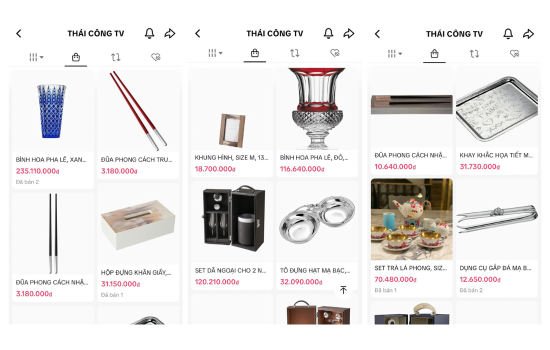 Gian hàng với nhiều sản phẩm xa xỉ của nhà thiết kế Thái Công trên nền tảng TikTok Shop.
