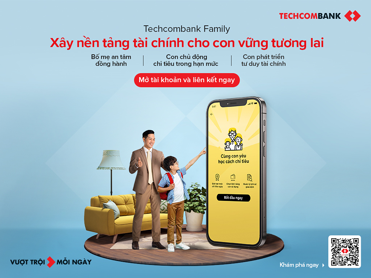 Dịch vụ Techcombank Family, hỗ trợ liên kết tài khoản ngân hàng của cha mẹ với tài khoản ngân hàng của con, nhằm giúp cha mẹ đồng hành cùng con phát triển kỹ năng quản lý tài chính cá nhân.