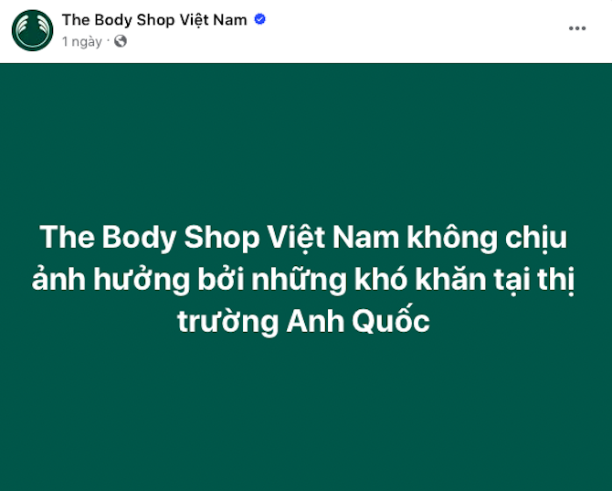 Trang Facebook chính thức của Body Shop tại Việt Nam khẳng định thông điệp trên.
