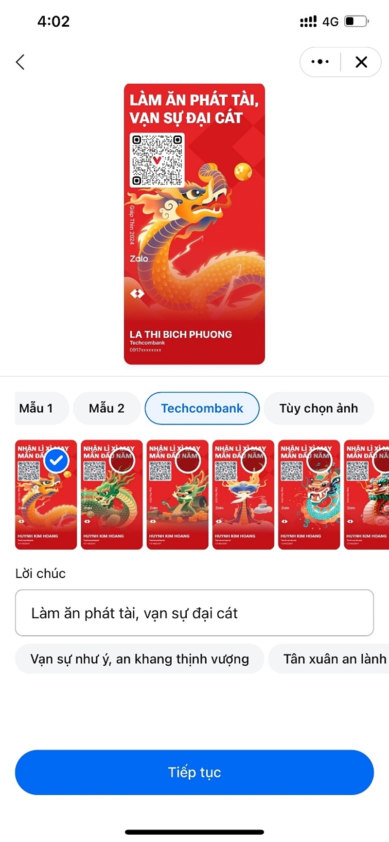 Zalo hợp tác cùng Techcombank cũng ra mắt tính năng tạo QR chuyển tiền đẹp mắt với bộ sưu tập rồng độc quyền từ Techcombank.