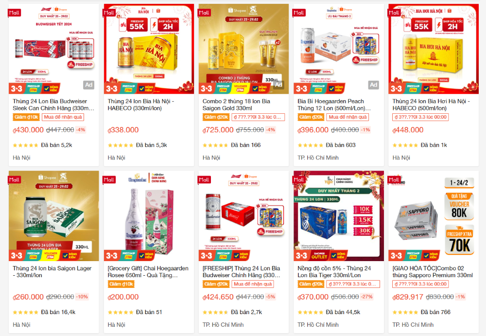 Tình hình kinh doanh mặt hàng bia, rượu trên các gian hàng chính hãng trên kênh thương mại điện tử liên tục gặt hái nhiều con số đáng kể.