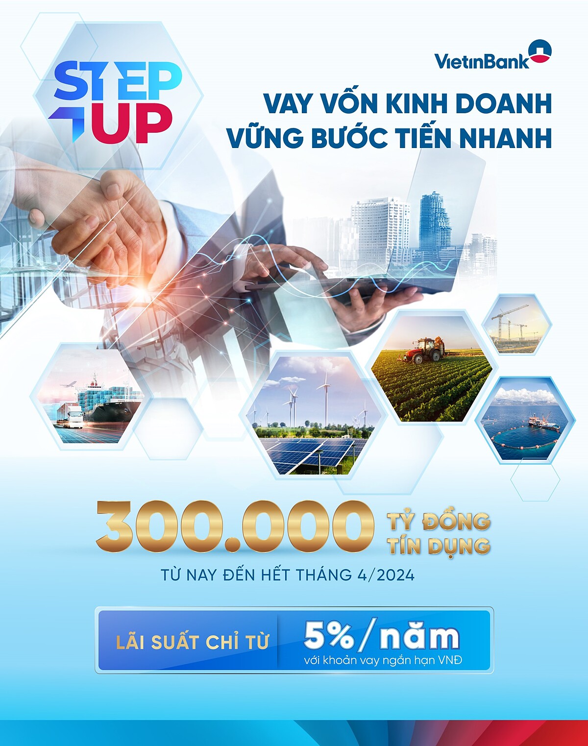 VietinBank đã ra mắt Gói ưu đãi lãi suất STEP UP – Vay vốn kinh doanh, Vững bước tiến nhanh lên đến 300 nghìn tỷ đồng, trong thời gian từ tháng 1/2024 cho đến hết tháng 4/2024.