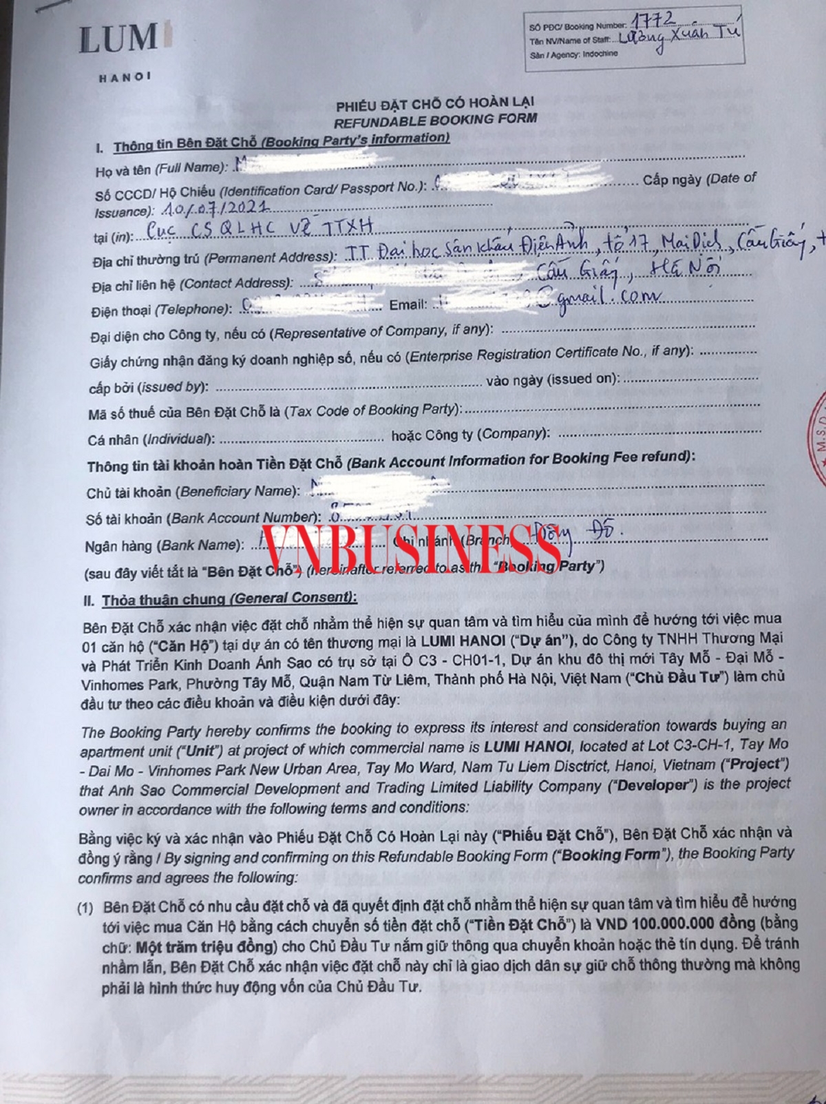 Phiếu đặt chỗ do nhân viên một sàn giao dịch BĐS gửi chứng minh việc có khách hàng booking nhận đặt chỗ.