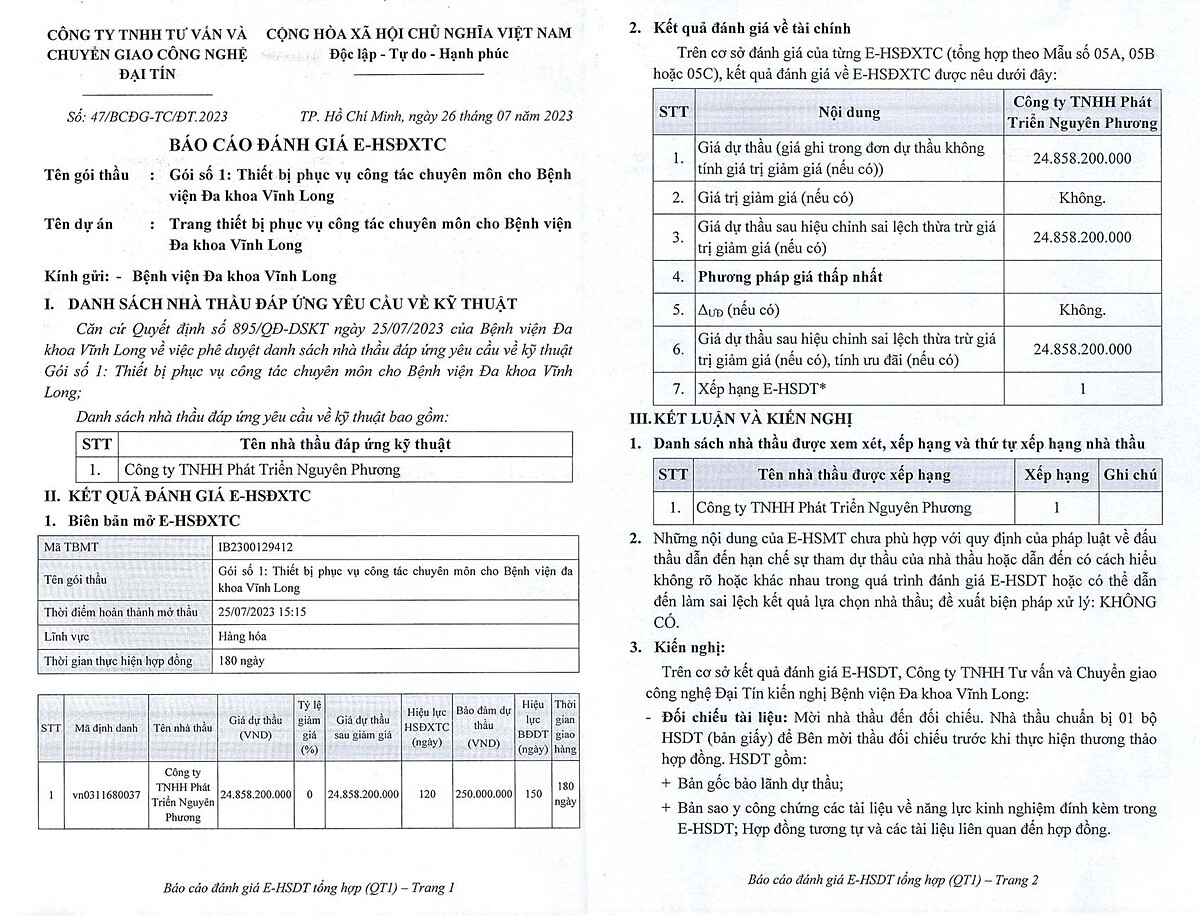 Một phần văn bản đánh giá năng lực nhà thầu Công ty Nguyên Phương khi đơn vị này tham gia đấu giá gói thầu trị giá gần 25 tỷ đồng của Bệnh viện Đa khoa Vĩnh Long.