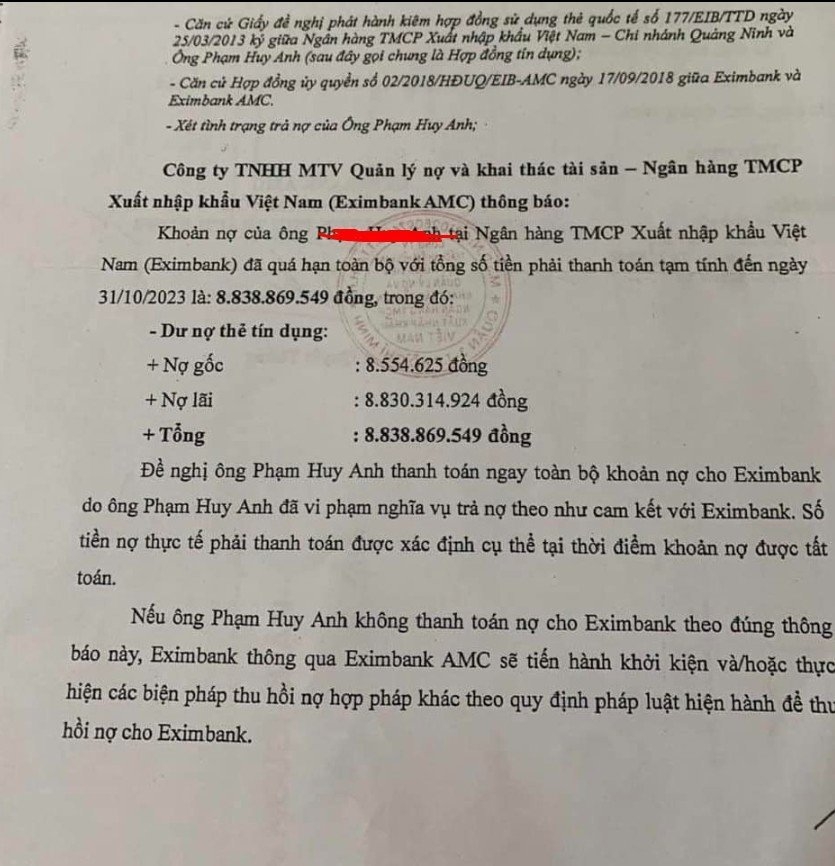 Công văn nhắc nợ Eximbank AMC gửi đến khách hàng gây xôn xao trên mạng xã hội.