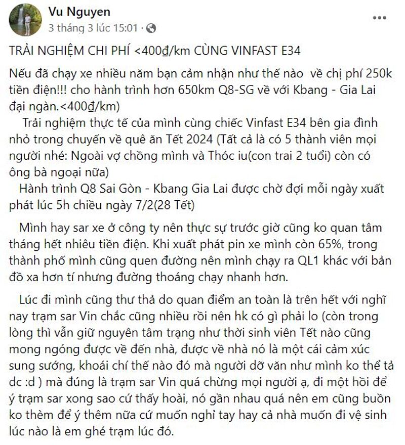 Anh Vũ rất hài lòng về VF e34 sau chuyến đi về Gia Lai ăn tết cùng gia đình &lpar;Nguồn: Facebook Vu Nguyen&rpar;.