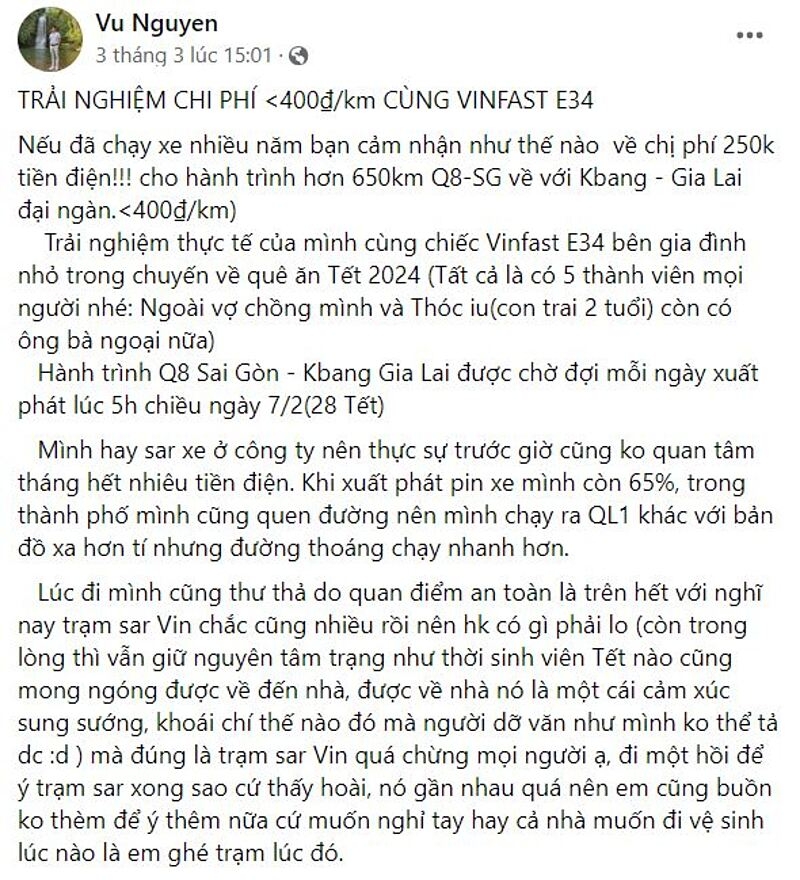 Anh Vũ rất hài lòng về VF e34 sau chuyến đi về Gia Lai ăn tết cùng gia đình &lpar;Nguồn: Facebook Vu Nguyen&rpar;.
