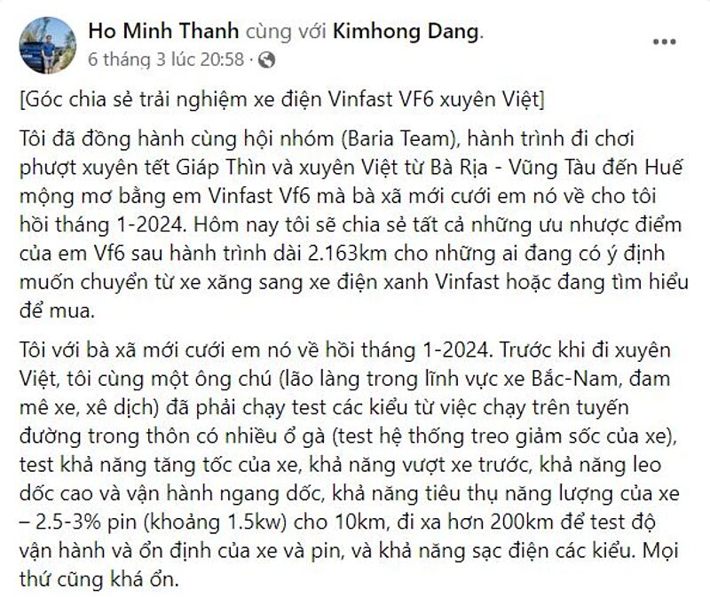 Anh Hồ Minh Thành chia sẻ về chuyến đi phượt xuyên Tết cùng VF 6 &lpar;Nguồn: Facebook Ho Minh Thanh&rpar;.