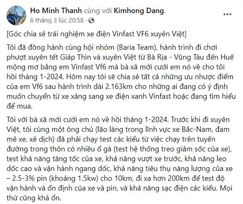 Anh Hồ Minh Thành chia sẻ về chuyến đi phượt xuyên Tết cùng VF 6 &lpar;Nguồn: Facebook Ho Minh Thanh&rpar;.