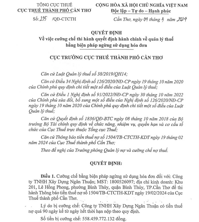 Một phần văn bản của Cục Thuế Cần Thơ về việc cưỡng chế ngừng sử dụng hóa đơn đối với Công ty Ngân Thuận.