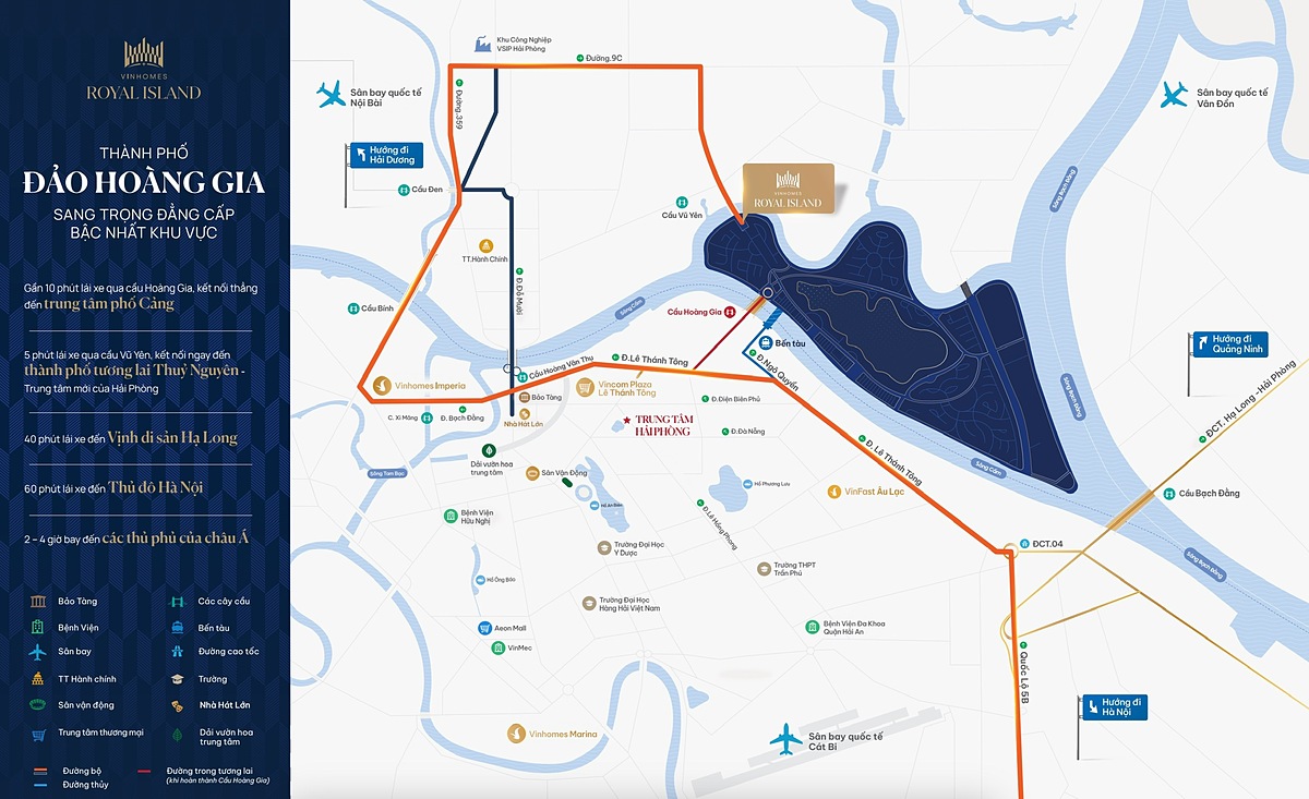 Vinhomes Royal Island sở hữu vị trí tâm điểm của tam giác tăng trưởng phía Bắc với hệ thống kết nối “không - thủy - bộ” đa dạng và hiện đại nhất Việt Nam.