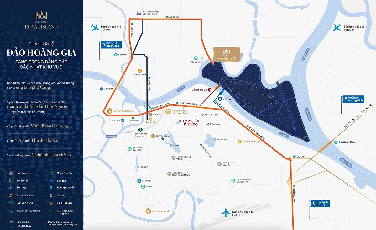 Vinhomes Royal Island sở hữu vị trí tâm điểm của tam giác tăng trưởng phía Bắc với hệ thống kết nối “không - thủy - bộ” đa dạng và hiện đại nhất Việt Nam.