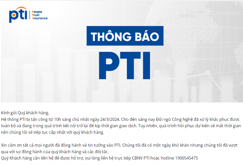 Bảo hiểm PTI bị tấn công cùng ngày với Chứng khoán VNDirect.