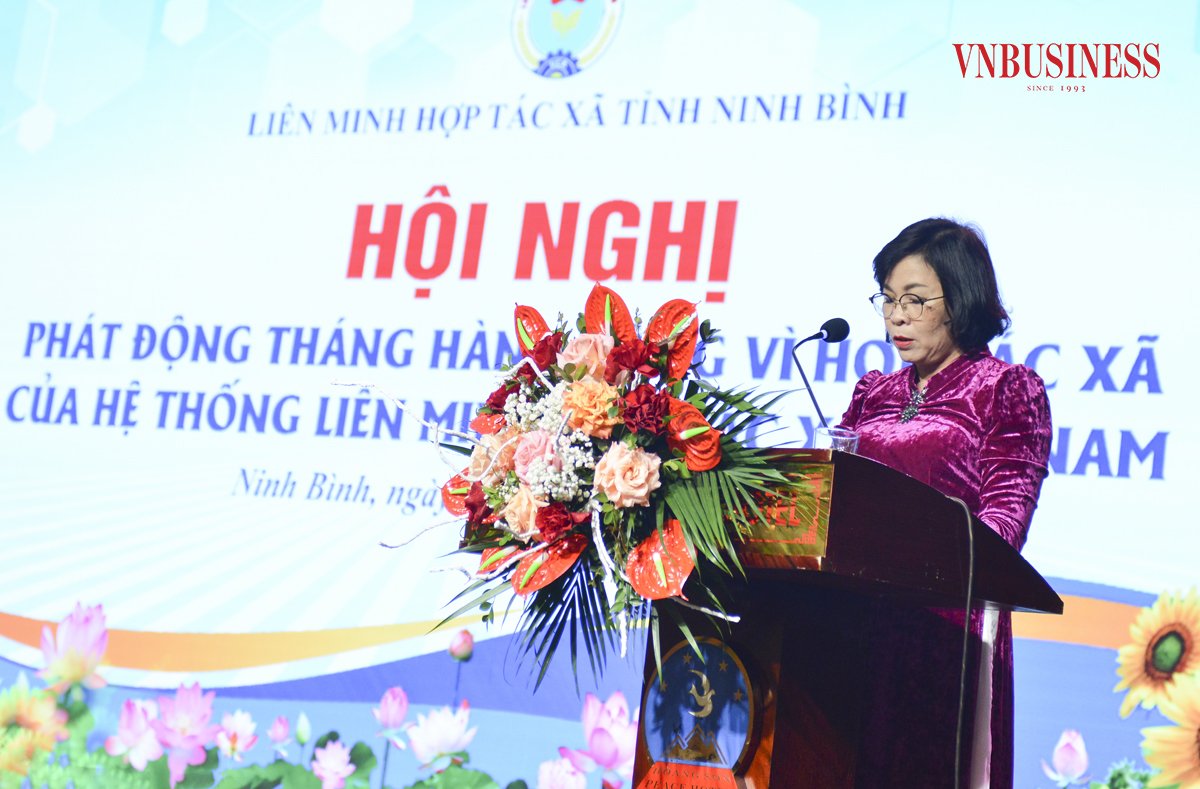 Bà Lê Thị Tâm, Chủ tịch Liên minh HTX tỉnh Ninh Bình, phát biểu tại hội nghị.