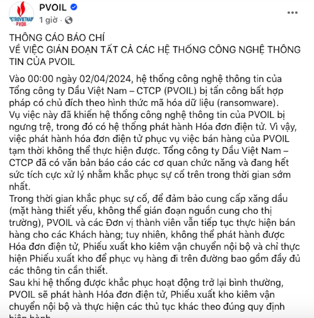 PVOIL đưa ra thông báo về việc bị tấn công trên trang fanpage Facebook
