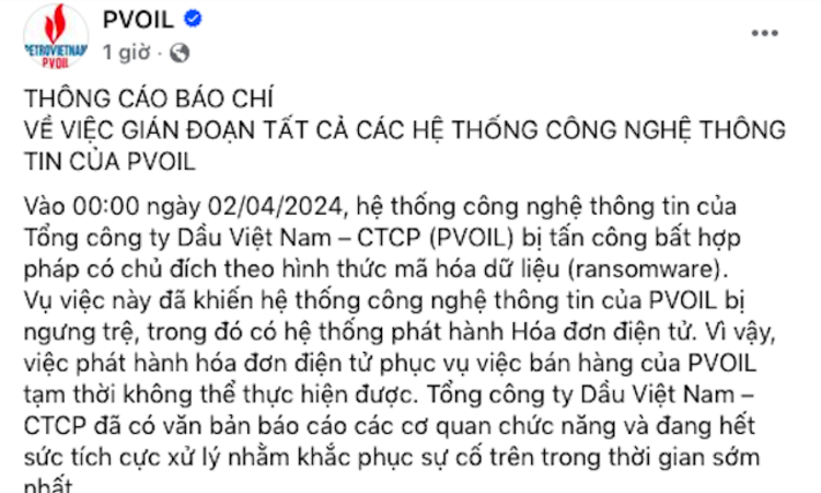 PVOIL bị tấn công mạng, hệ thống phát hành hoá đơn điện tử bị ngưng trệ