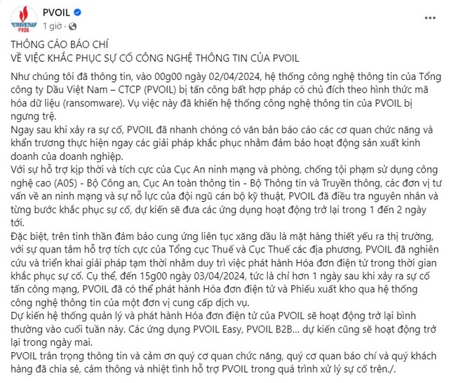 Thông báo mới nhất của PVOIL về tình hình khắc phục sự cố công nghệ thông tin.