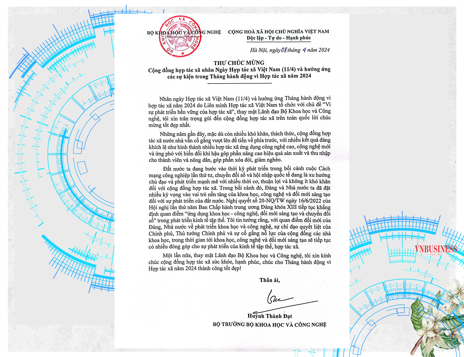 Bộ trưởng Bộ Khoa học và Công nghệ nhấn mạnh tầm quan trọng của khoa học công nghệ trong sự phát triển của các hợp tác xã.