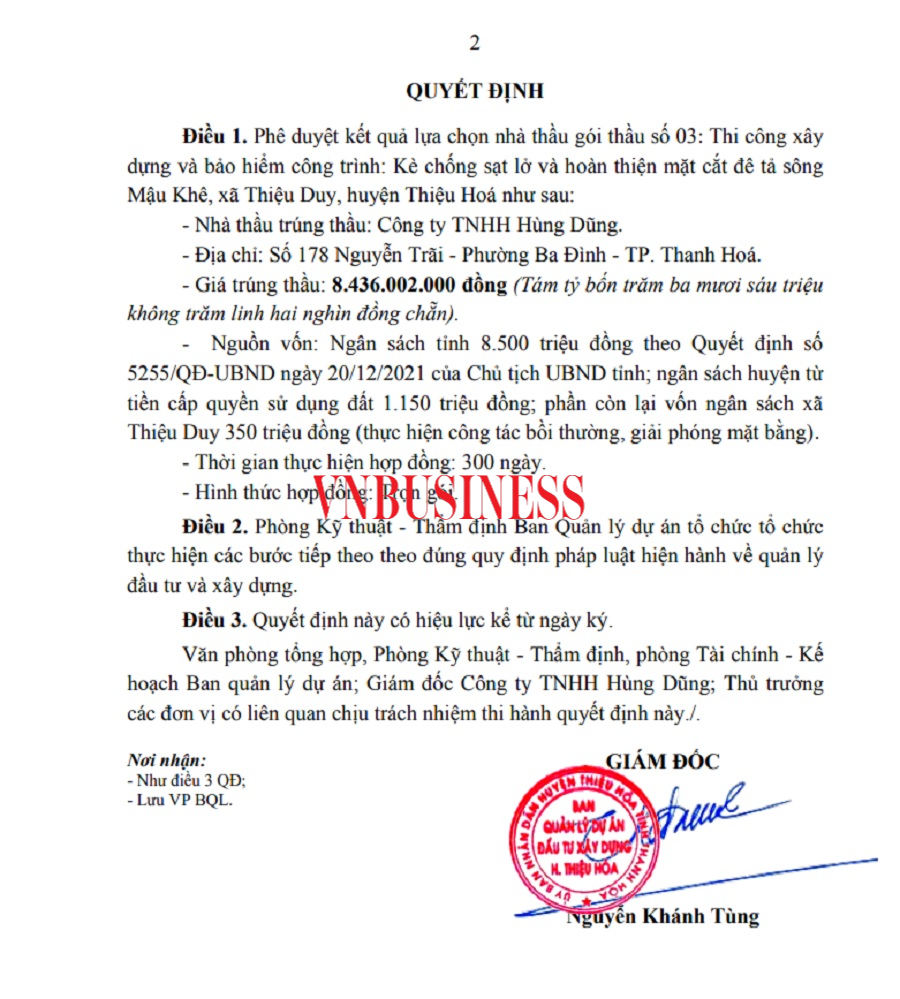 Quyết định lựa chọn nhà thầu của BQL Dự án đầu tư xây dựng huyện Thiệu Hóa./.