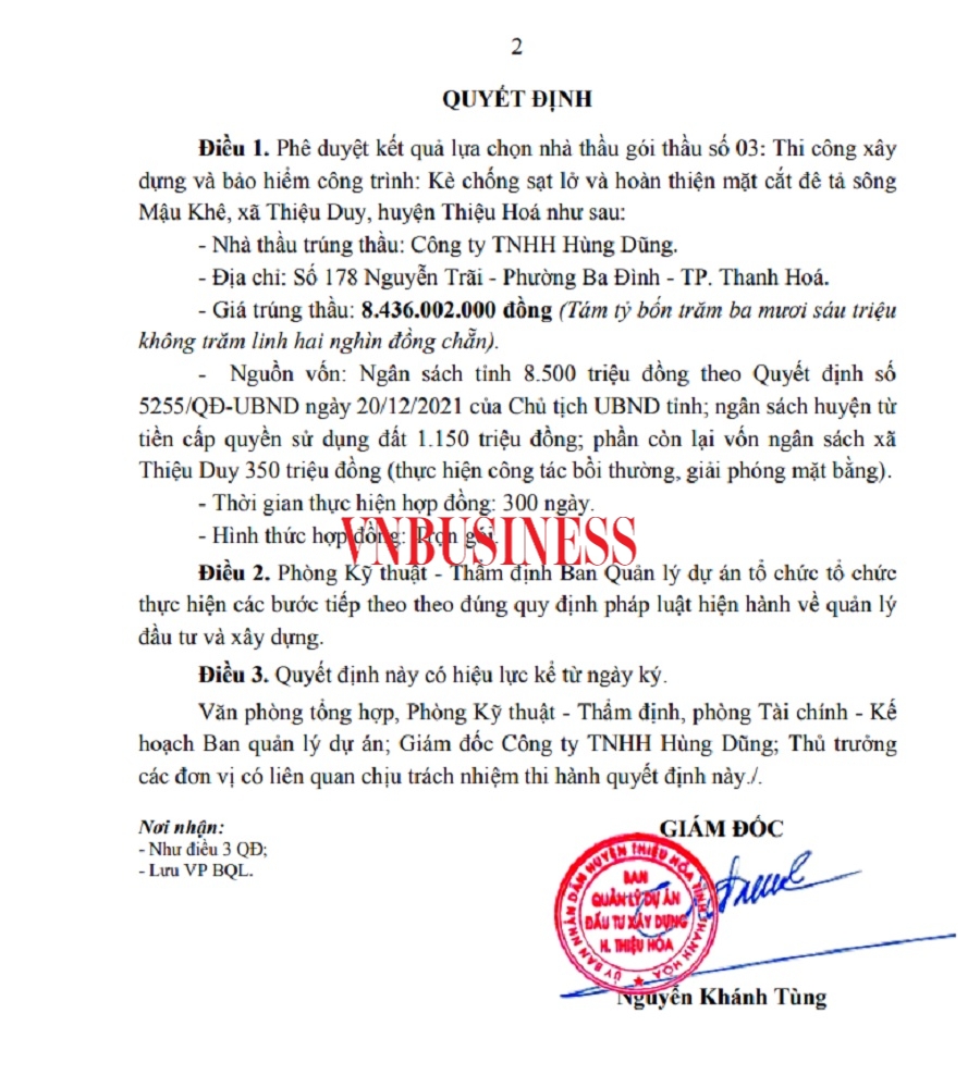 Quyết định lựa chọn nhà thầu của BQL Dự án đầu tư xây dựng huyện Thiệu Hóa./.