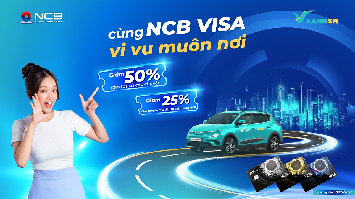 Chủ thẻ NCB Visa có thể thỏa thích di chuyển bằng xe Xanh SM mà không lo về chi phí.