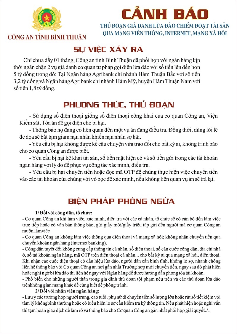 Khuyến cáo của cơ quan công an tỉnh Bình Thuận.
