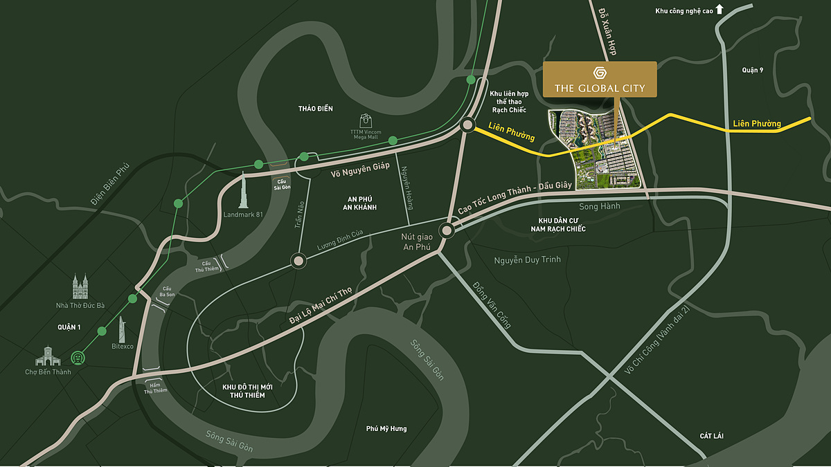 The Global City với vị trí tâm điểm kết nối các khu vực trọng điểm khu Đông.
