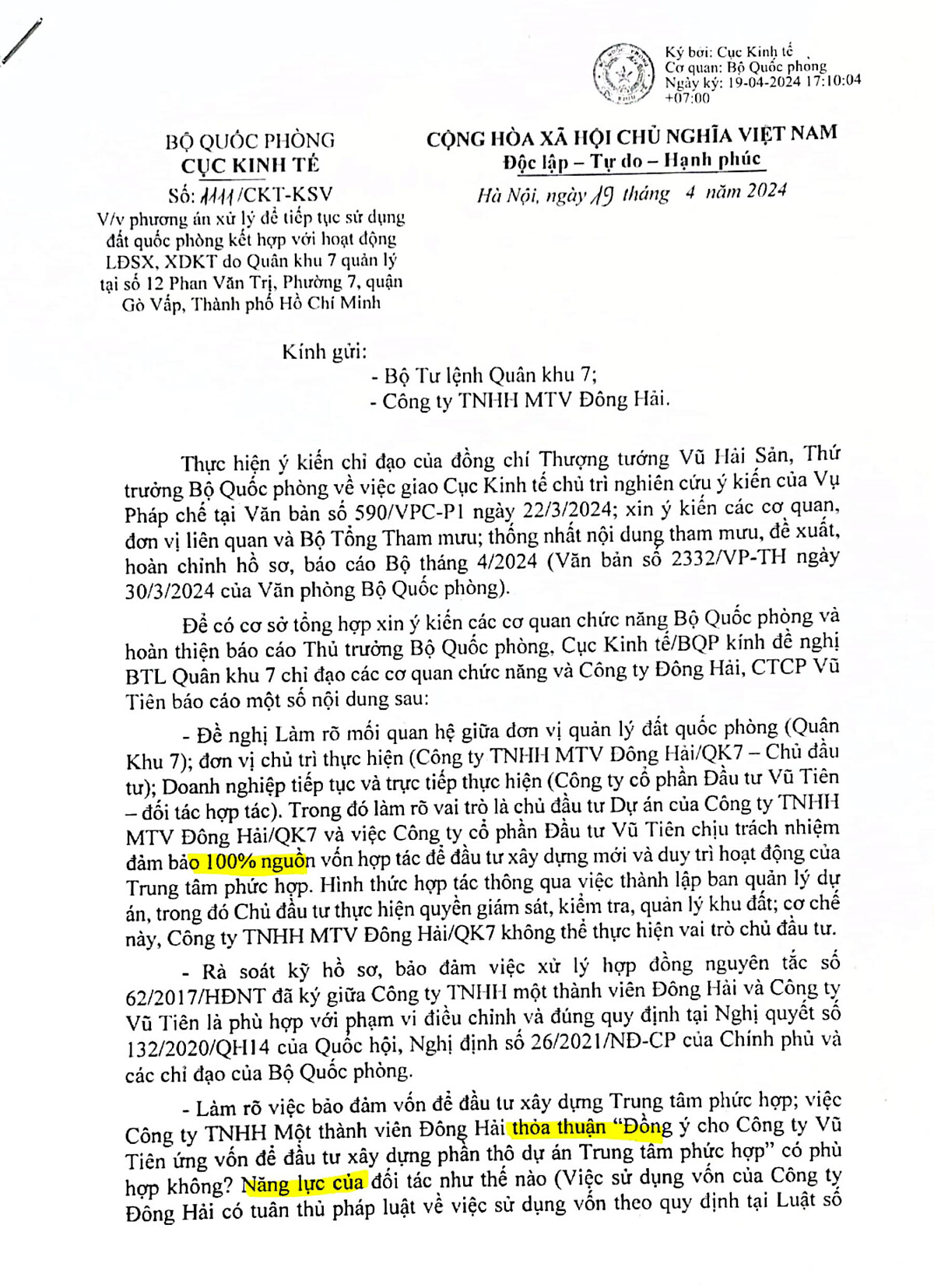 Một phần văn bản của Cục Kinh tế, Bộ Quốc phòng yêu cầu Công ty Đông Hải làm rõ nhiều nội dung liên quan đến dự án.