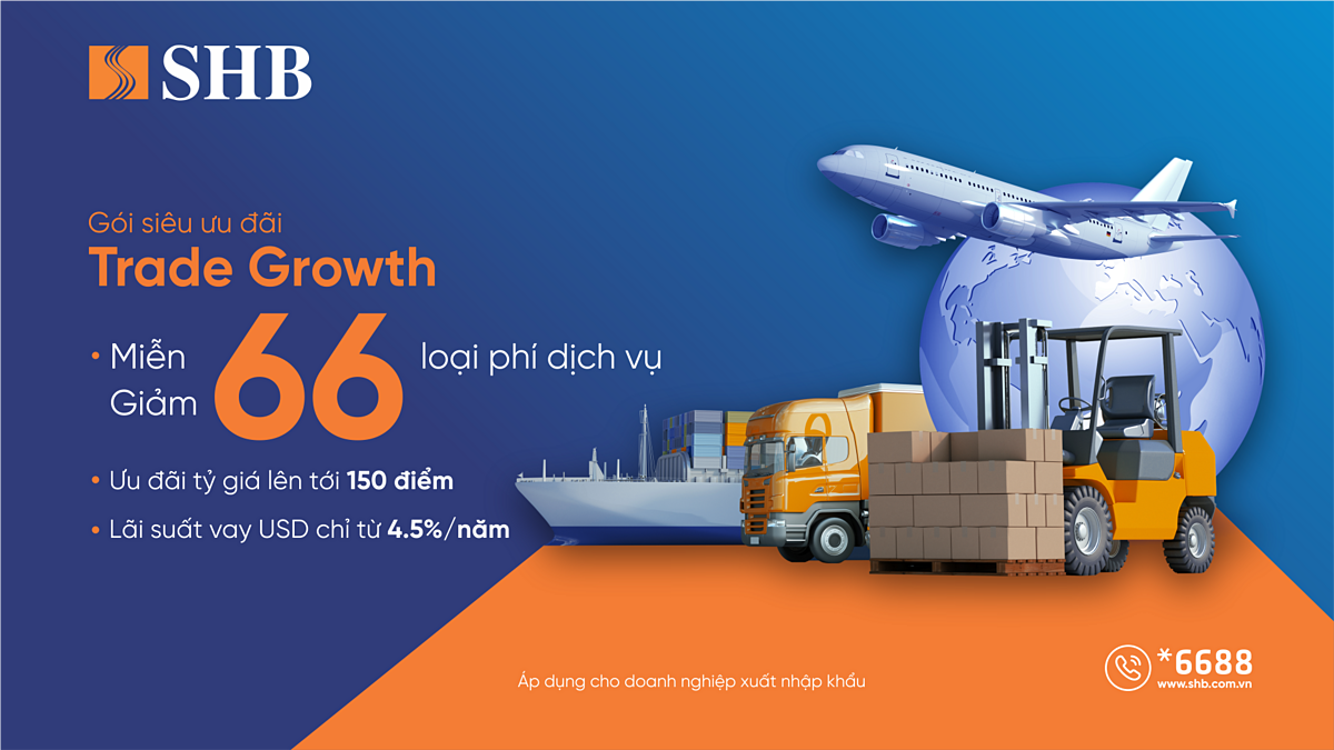 Từ nay đến ngày 31/12/2024, SHB triển khai Chương trình ưu đãi lãi suất USD dành riêng cho doanh nghiệp xuất nhập khẩu với quy mô đến 50 triệu USD, lãi suất chỉ từ 4,5%/năm.