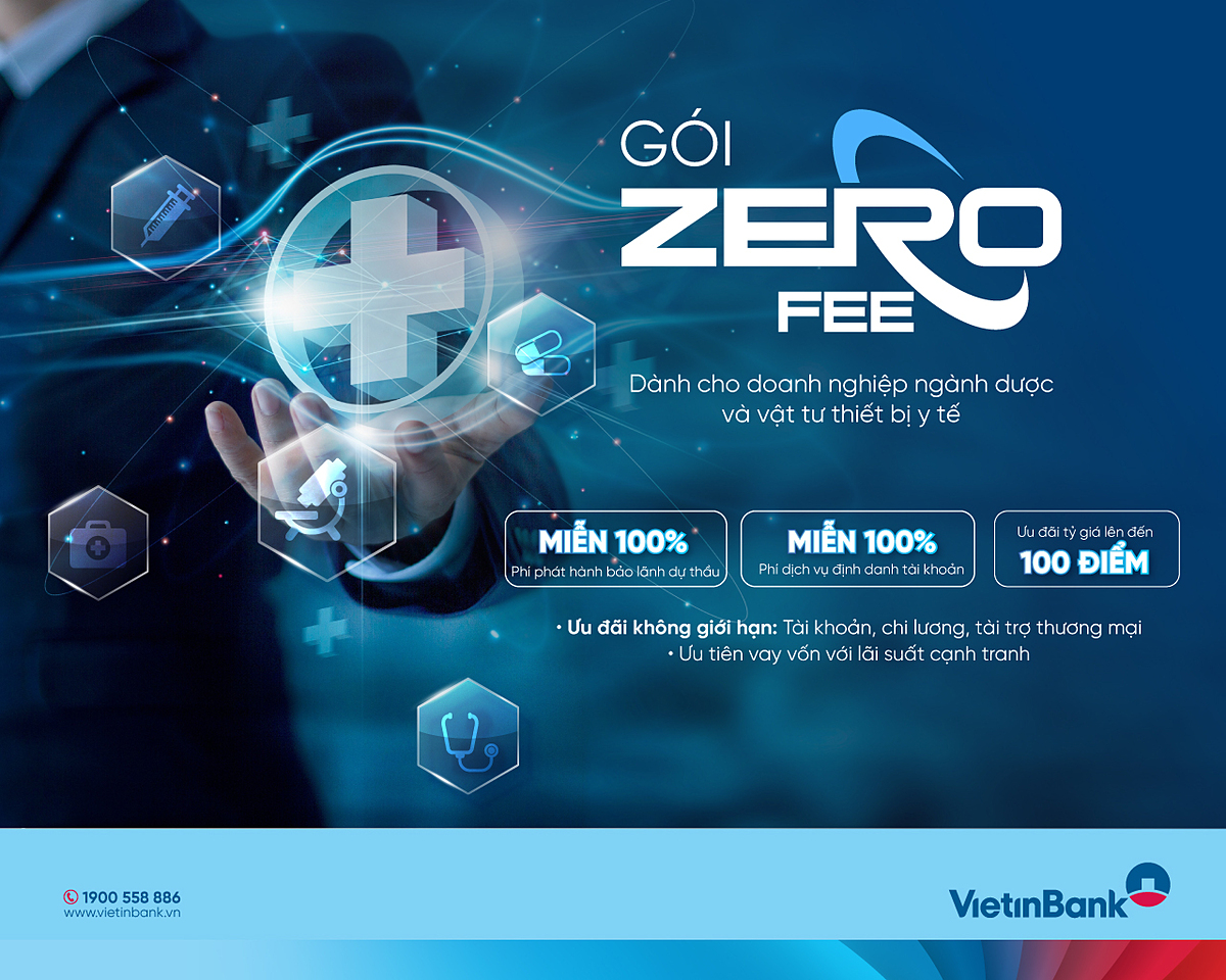 Zero Fee là gói ưu đãi chuyên biệt được VietinBank ra mắt dành riêng cho doanh nghiệp ngành dược với ưu đãi “không phí” cho nhiều dịch vụ, đặc biệt là phát hành bảo lãnh dự thầu.