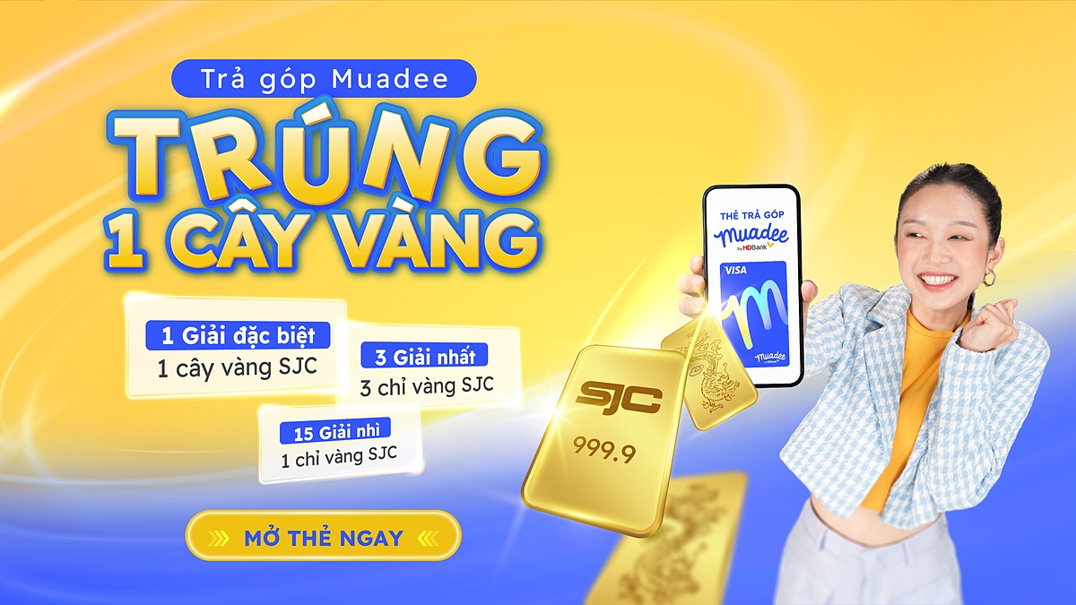 Từ ngày 01/07/2024 đến hết ngày 01/10/2024, “Trả góp Muadee – Trúng 1 cây vàng” là chương trình ưu đãi đặc biệt dành cho các khách hàng có phát sinh giao dịch đầu tiên hợp lệ từ 200 nghìn đồng qua thẻ trả góp Muadee by HDBank.