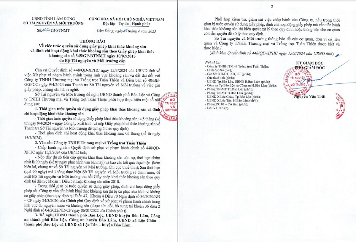 Văn bản số 102/TB-STNMT của Sở TN&MT tỉnh Lâm Đồng về việc tước quyền sử dụng giấy phép khai thác khoáng sản và đình chỉ hoạt động khai thác khoáng sản đối với Công ty Tuấn Thiện.