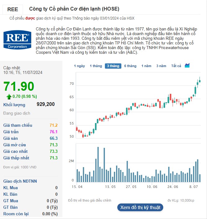 Cổ phiếu REE tiếp tục tăng trong phiên sáng 11/7.