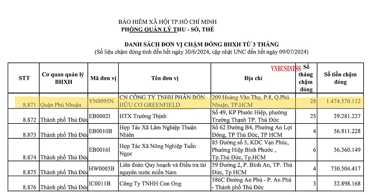Chi nhánh công ty phân bón Greenfield đang nợ BHXH gần 1,5 tỷ đồng và thời gian chậm đóng BHXH là 28 tháng.