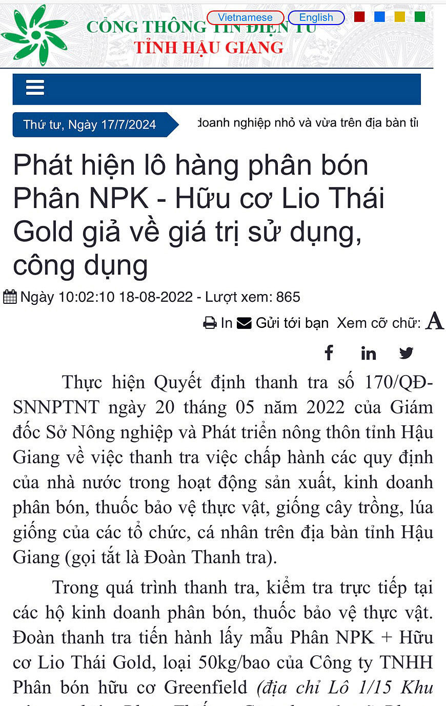 Cổng thông tin tỉnh Hậu Giang công bố thông tin sản phẩm phân NPK - Hữu cơ Lio Thái Gold kém chất lượng của Công ty phân bón hữu cơ Greenfield sản xuất.