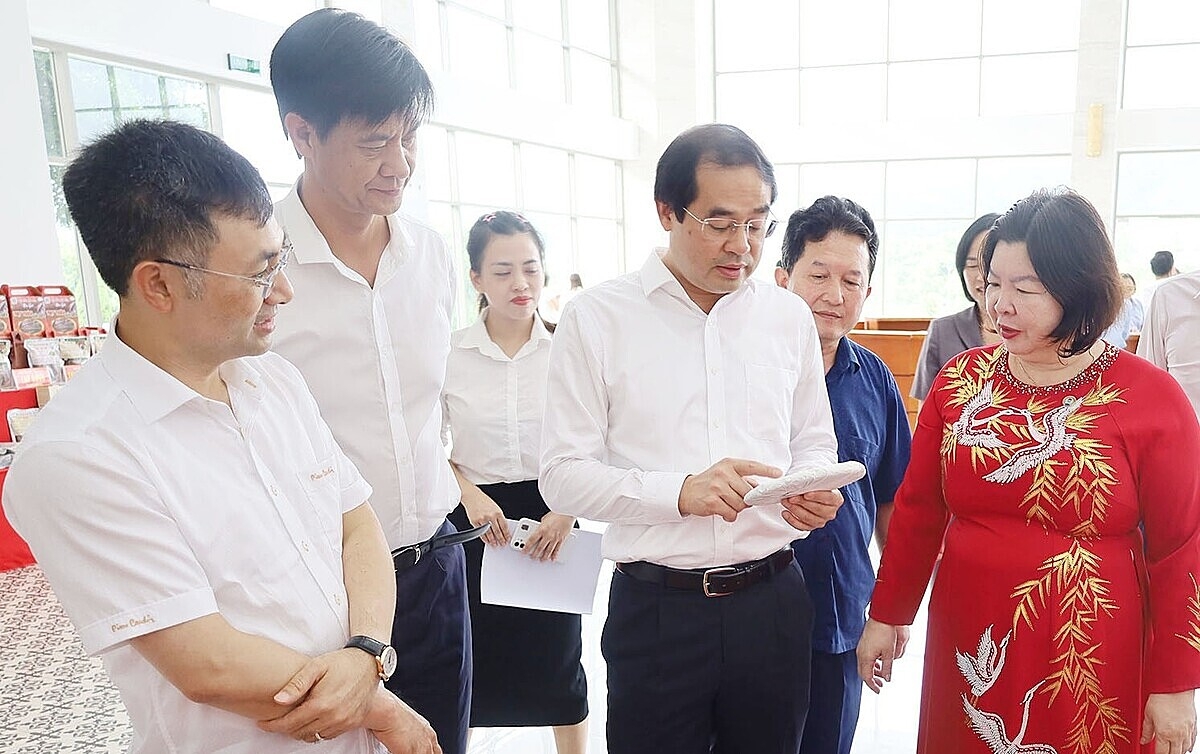 Chủ tịch Liên minh HTX Việt Nam Cao Xuân Thu Vân trao đổi với các đại biểu.