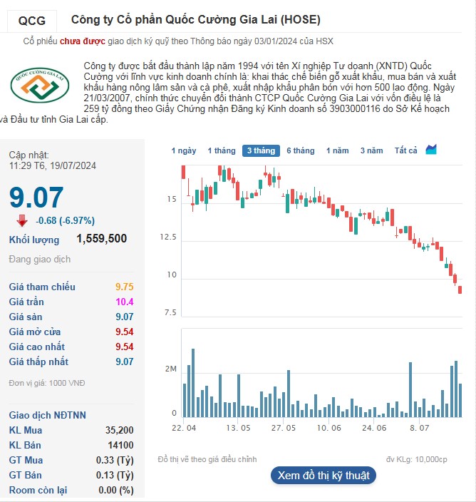 Cổ phiếu QCG giảm sàn trong phiên sáng 19/7.