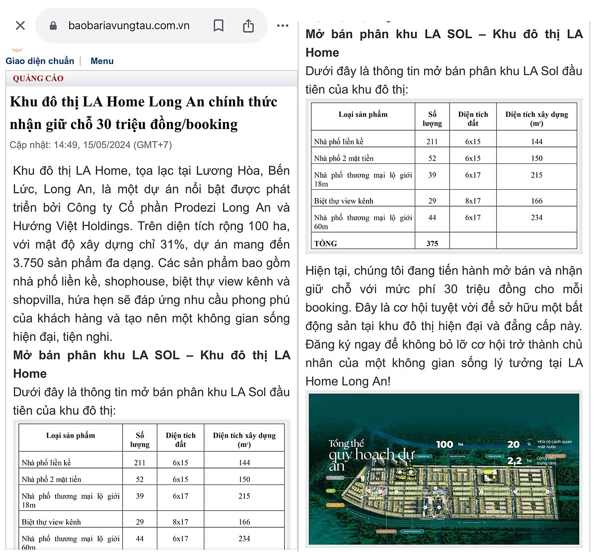 Dự án khu dân cư Lương Hòa đang được quảng cáo công khai với tên thương mại là LA Home và dự án cũng đang rao bán với hình thức nhận giữ chỗ 30 triệu đồng/booking.