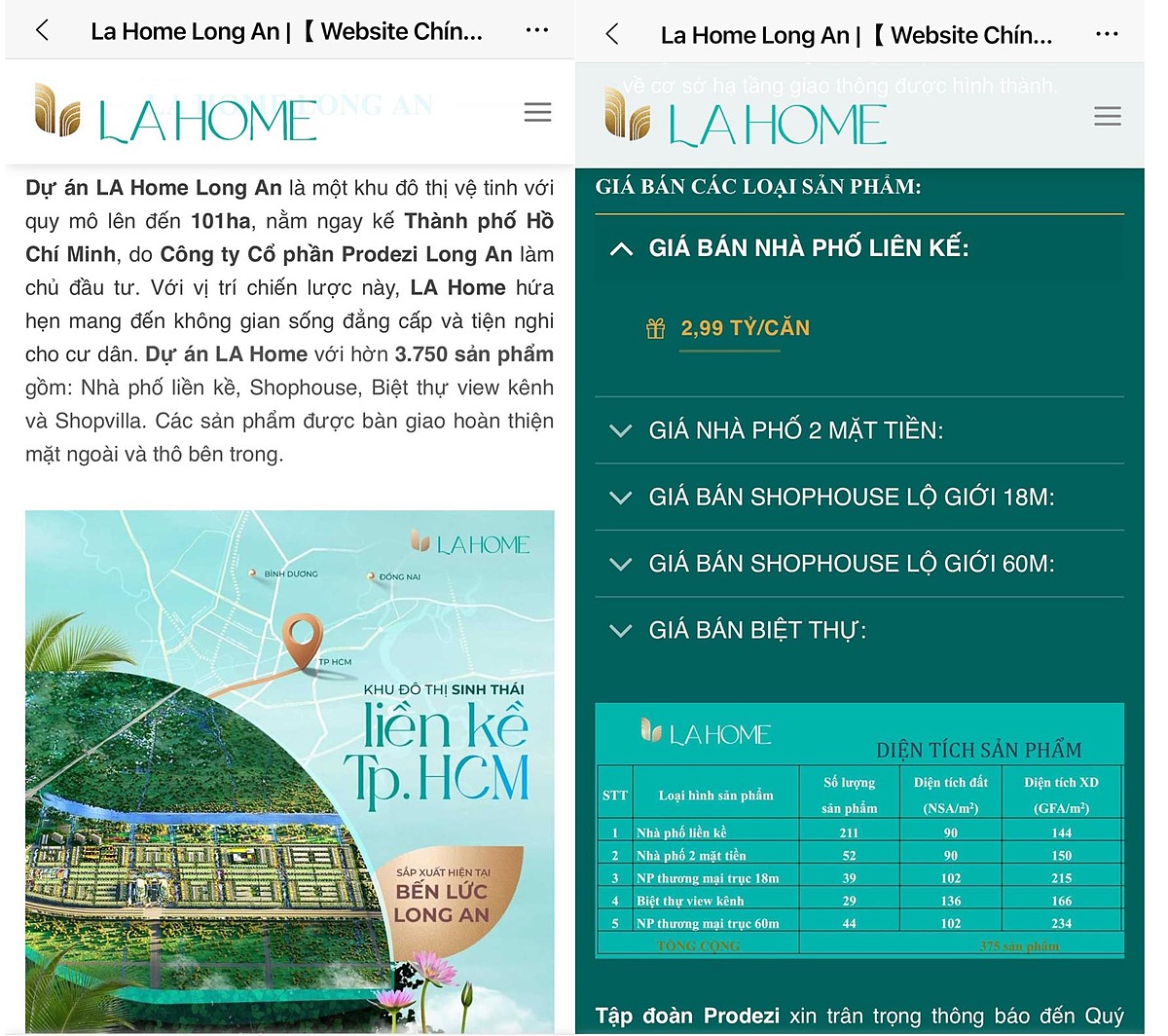 Công ty Prodezi Long An thông tin đến Sở Xây dựng tỉnh Long An, hiện công ty có lập một website &lpar;trong hình là website chính thức của chủ đầu tư&rpar; giới thiệu thông tin dự án đến thị trường trong tương lai gần; hoàn toàn không rao bán, không huy động vốn khách hàng...