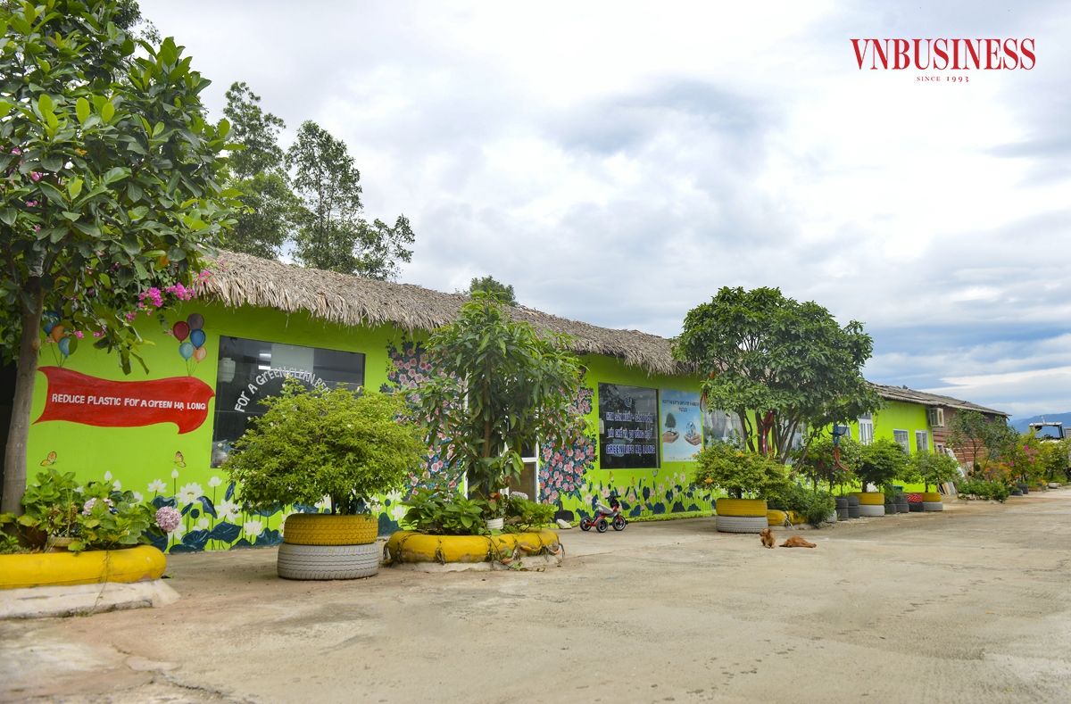 Không gian HTX Green life Hạ Long được tọa lạc trong khuôn viên xanh mướt bởi các chậu cây, hoa được trồng trong những lốp xe ô tô cũ hoặc phao tàu bỏ đi.