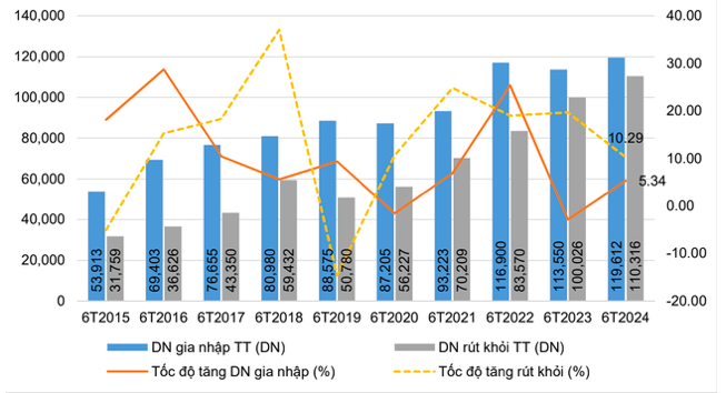 Số doanh nghiệp gia nhập và rút khỏi thị trường 6 tháng đầu năm giai đoạn 2015-2024.