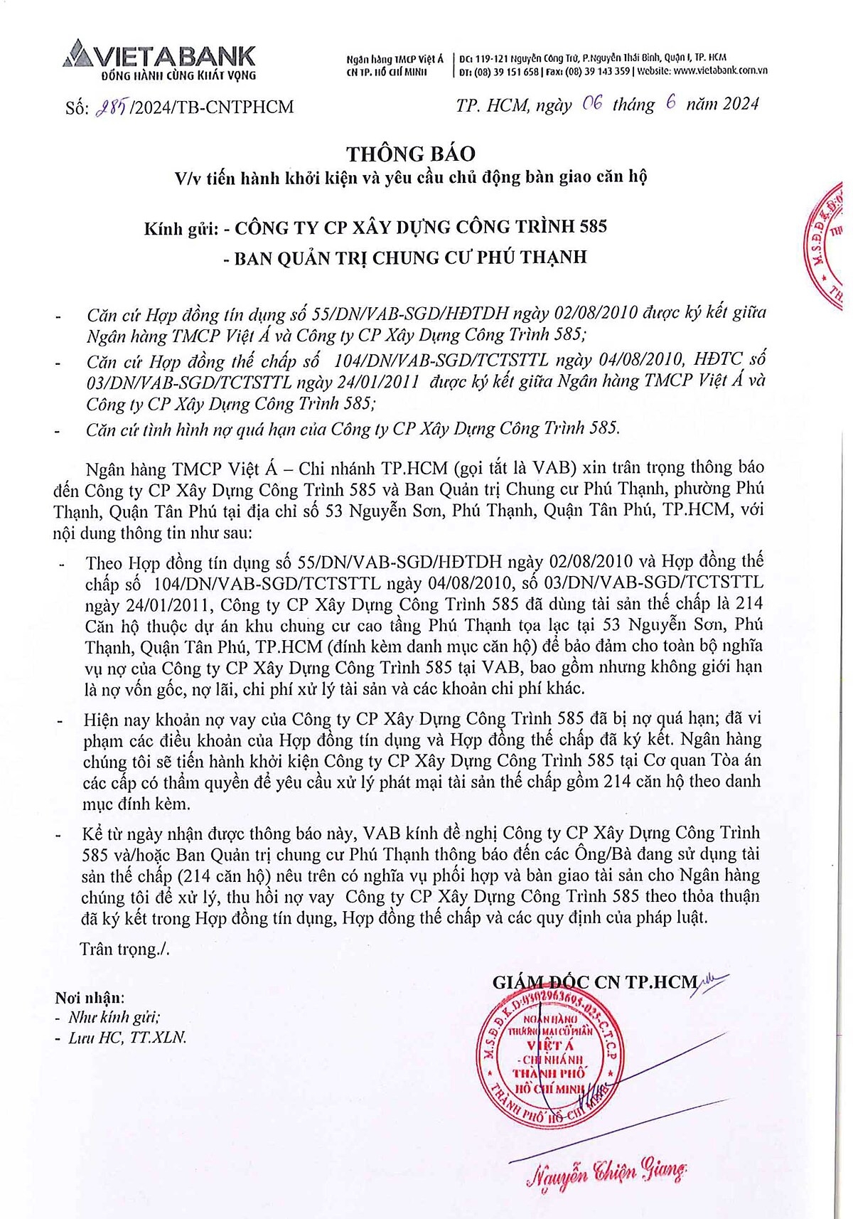 Thông báo của VietABank liên quan đến việc xử lý khoản cho vay khủng quá hạn hơn 12 năm đối với công ty 585.