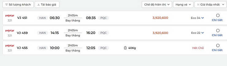 Nhiều chuyến chặng bay Hà Nội - Phú Quốc có giá vé tăng cao, thậm chí hết chỗ.