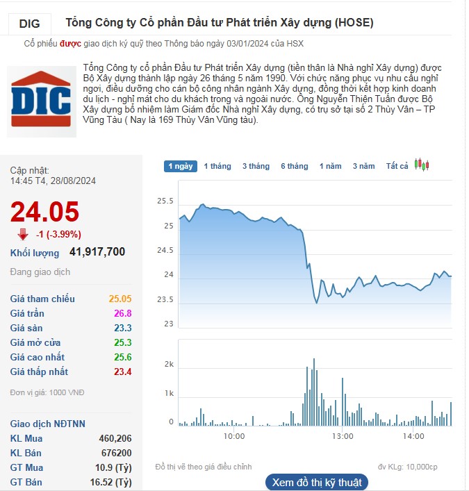 Cổ phiếu DIG bị bán mạnh ngay từ đầu phiên 28/8.